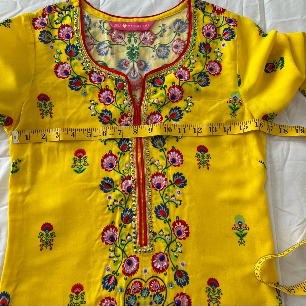 Biba Manish Arora Yellow Kurta Dress Sequined Floral Design Diwali Weddi… - Picture 11 of 11